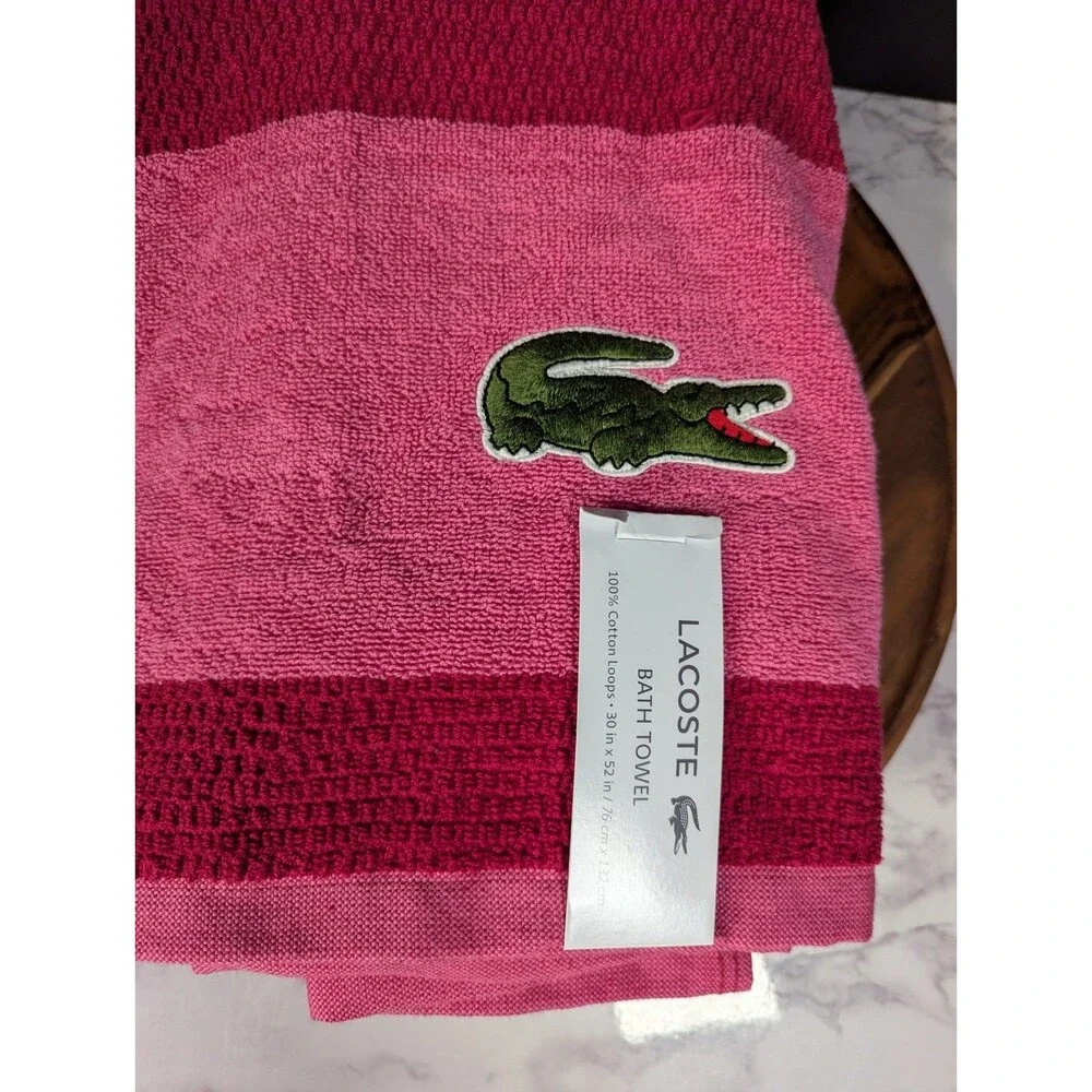 New Lacoste Pink Red Green bath towel 30in x 52in big crocodile logo